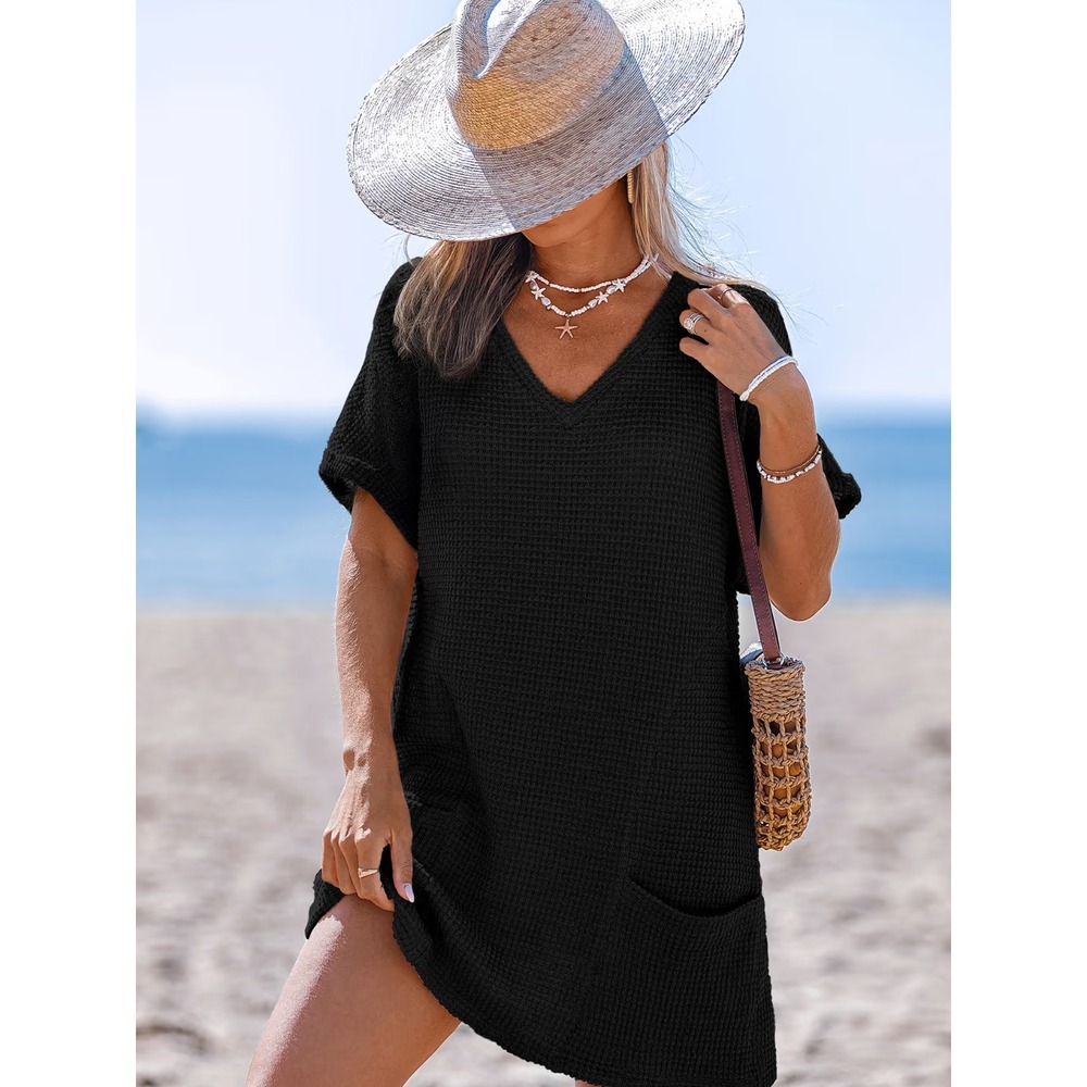 Cupshe Black Crochet Knit V-Neck Short Sleeve Beach Cover Up Dress Pockets NWT